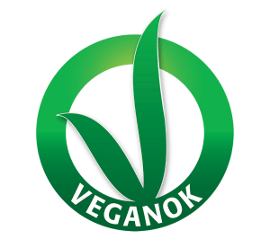 Logo veganok formato da un cerchio di colore verde e due foglie che formano la lettera V, posta al centro